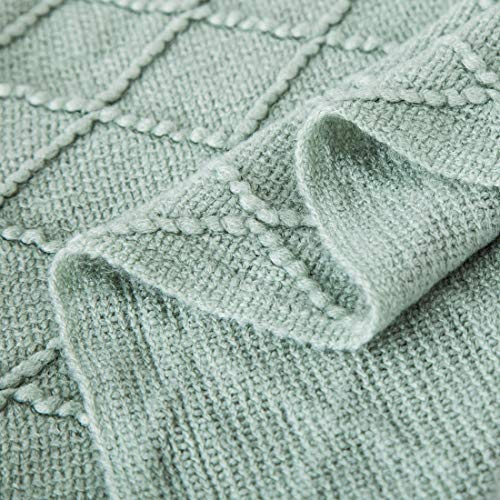 Treely Aqua Throw Blanket With Fringe Tassels Knitted Throw Blanket Textured Solid Decorative Knit Blanket For Bed Couch, 50" X 67.7", Aqua #TOP4