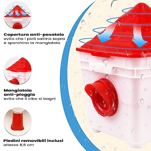 Easy Media mangiatoia per galline, polli, da 5KG, automatica, antispreco, antipioggia, antitopo, con 4 porte di alimentazione, con piedini o da appendere - immagine 6