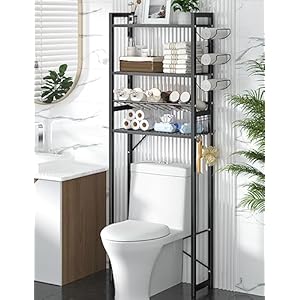 YASONIC Over the Toilet Rack for Bathroom – 4 Tier Metal Over Toilet Storage Shelf, Freestanding Toilet Rack with 4 Hooks, Space Saver Bathroom Organizer for Bathroom, Laundry
