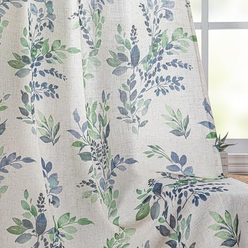 Image of MYSKY HOME Floor to Ceiling Linen Floral Curtains 95 Inch Length 2 Panels Semi Sheer Light Filtering Farmhouse Leaf Printed Window Grommet Drapes for Dining Room, 52 inch W Each Panel, Green