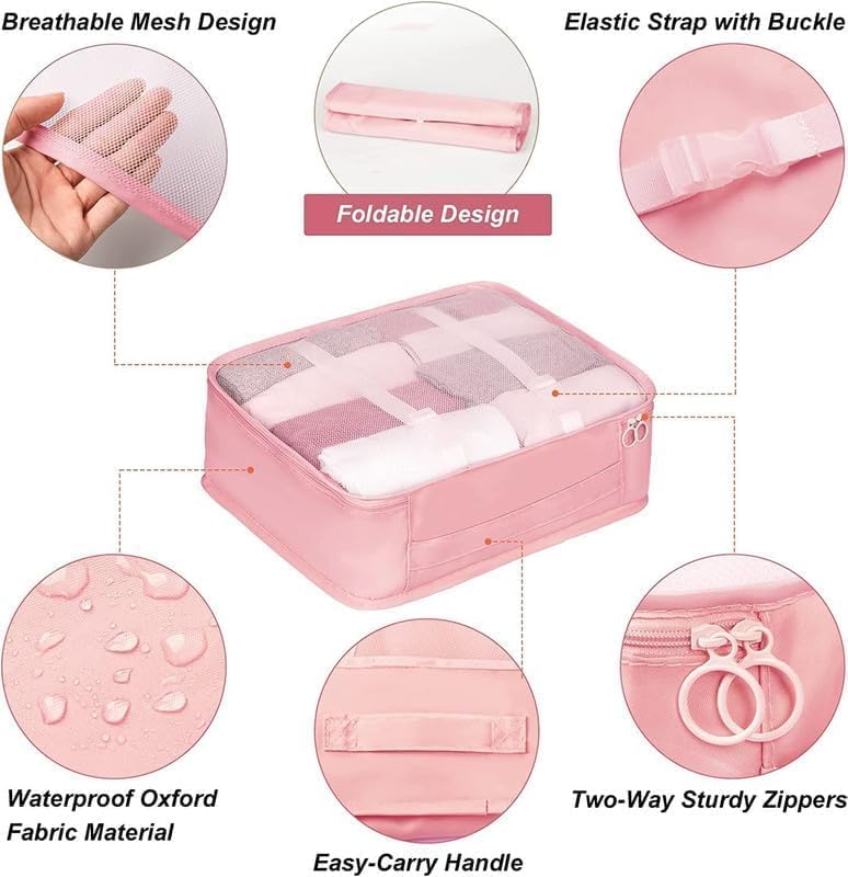 Image of 7 Pcs Travel Organizer Bag Set for Luggage | Waterproof Packing Cubes for Clothes, Shoes & Toiletries | Foldable Travel Storage Bags for Men & Women | Black Travel Pouch Set (Pink)