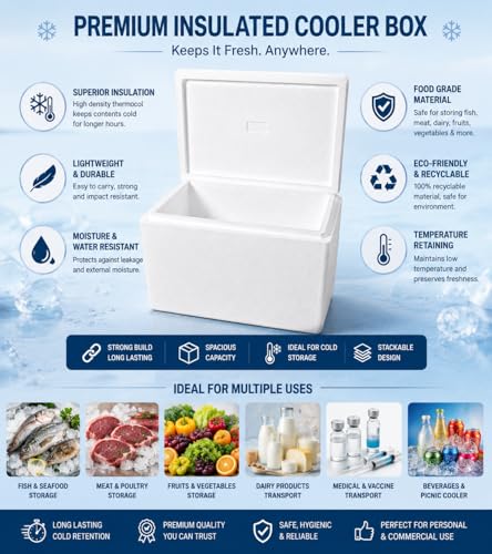 Image of 45L Insulated Ice Box Cooler for Fish, Seafood, Food, Milk & Beverage Storage | Heavy Duty 30 mm Thickness | Portable Cold Storage Box with Lid
