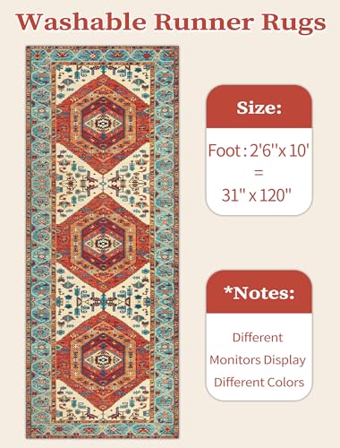 SERISSA Boho Washable Runner Rug, 2'6"x10' Rug Runner Non-Slip Vintage Orange Hallway Kitchen Runner Rug Ultra Soft Print Distressed Tribal Floor Carpet Runner for Bedroom Bathroom Laundry Room