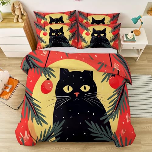 Funda Nórdica de Halloween para Cama 105 - Juego de Cama Microfibra Suave Navidad Minimalista Animal Gato Negro, Rojo Funda de Edredón para Niños Decoración del Dormitorio 200 x 200 cm