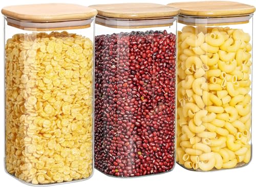 Image of Glass Food Storage Jars With Bamboo Lids 1500Ml,Wide Mouth Lid Jar For Home Kitchen,Flour,Sugar,Coffee,Pasta,Oats,Grains,Cookies,Snacks set of 12(12, SQUARE BAMBOO LID GLASS JAR 1500 ml -)
