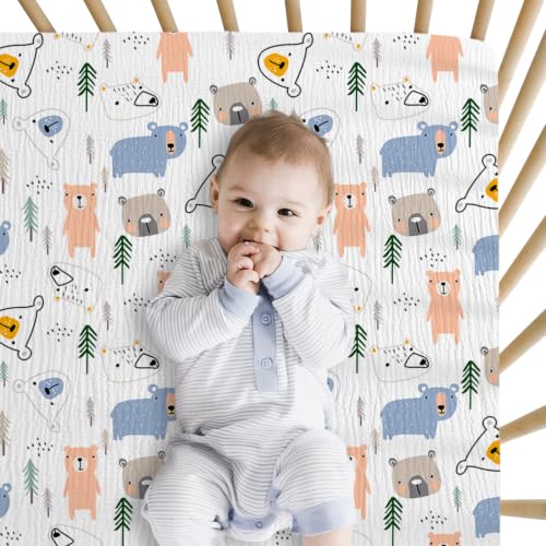 Image of Little Grape Land Muslin Crib Sheets Fitted for Boys and Girls 2 Pack, 100% Cotton Baby Bed Sheets Soft Breathable, Neutral Fitted Baby Mattress Sheets for Standard Crib (Bear, Crib Sheets)