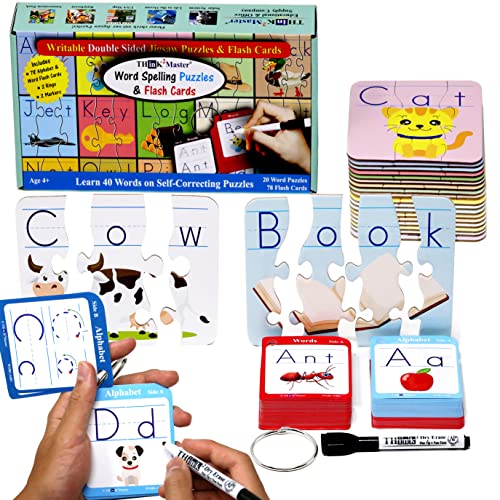 Image of Think2Master Spelling Word Flashcards. 20 Double Sided Self Correcting Jigsaw & 78 (Writable, Erasable) Flash Cards