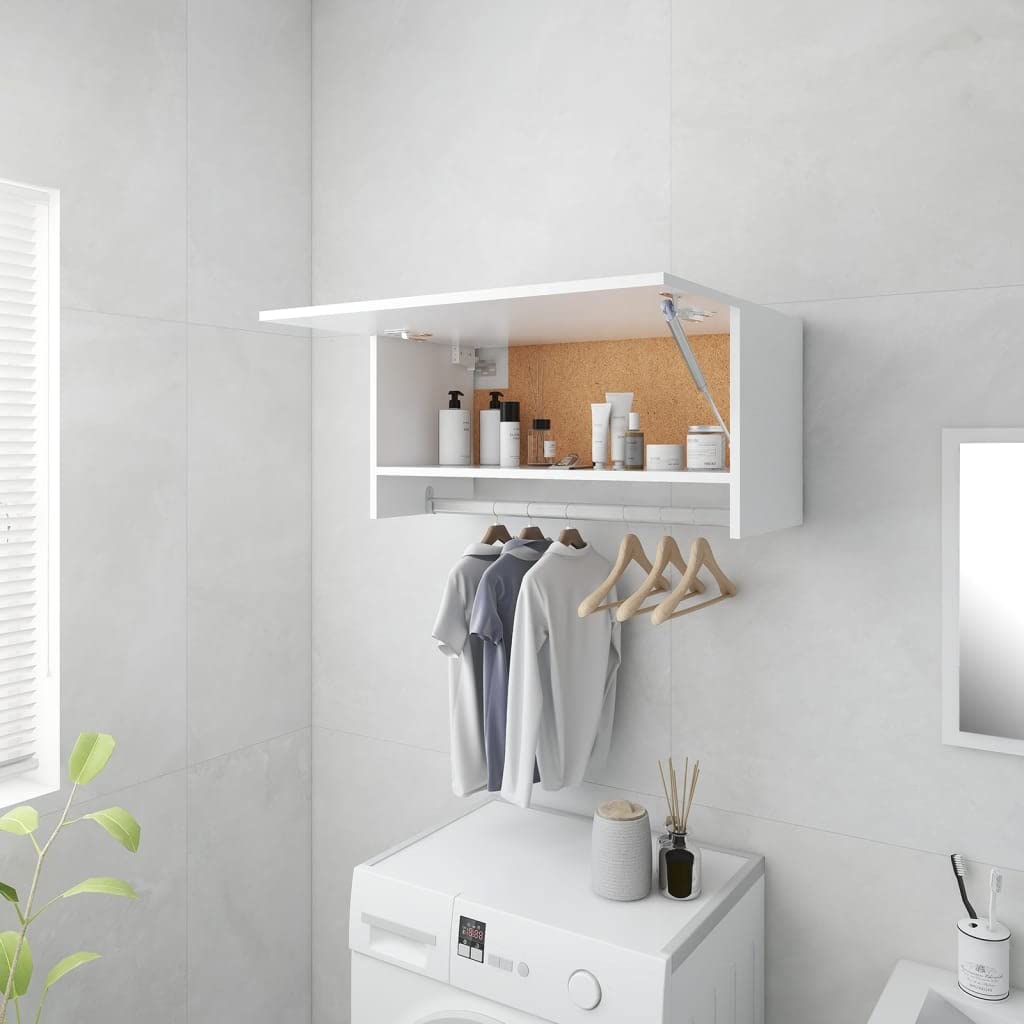 ACAGALA Armario colgante para baño, armario de pared plegable para baño, apertura telescópica, 70 cm de ancho, con tendedero, color blanco, 70 x 32,5 x 35 cm