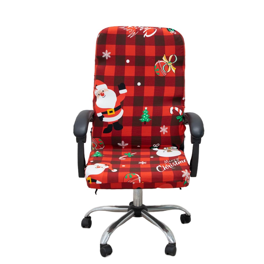 Acoolser Christmas Office Chair Cover,Universal Removable Washable Anti-Dust Printed Snowman,Candy Cane,Evergreen,Snowflake,Buffalo Plaid Stretch Computer Chair Slipcovers with Zipper(L,Christmas-06)
