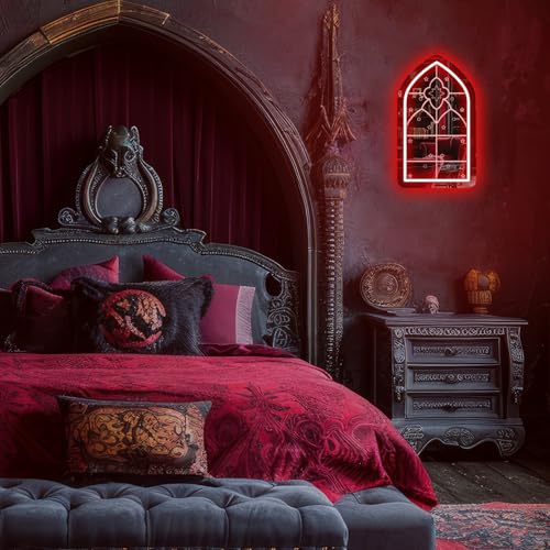 Image of Gothic Arch Window Neon Sign, Medieval Cathedral Mirror, Goth Lover Gift, Halloween Decor, Vintage Style Illuminated Mirror,Gothic Home Decoration 16.9 inchx9.6 inch