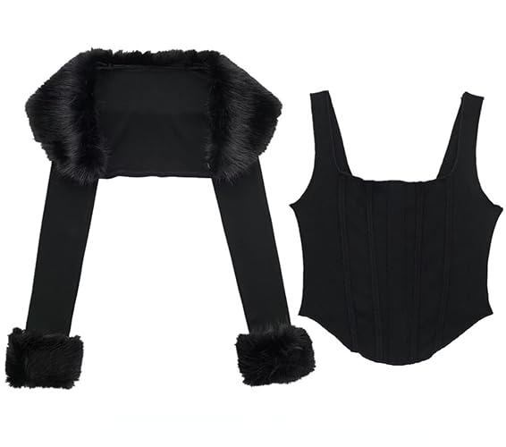 XPONNI Two-Piece Set Fur Trim Y2k Cardigan Crop Top Fluffy Top Womens Y2k Cropped Knit Bolero Dressy Sweater - Small - Black