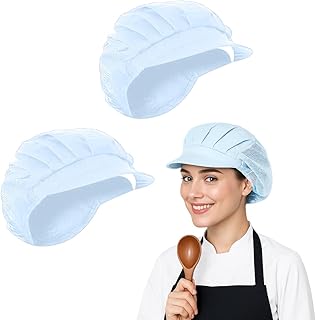 COYUN 2 unidades gorro de cozinheiro, gorro de cozinha para mulher, gorro de chef rede para cozinha meia malha elástica respirável para padeiro, com chapéu de chef com asa, redes para o cabelo, azul
