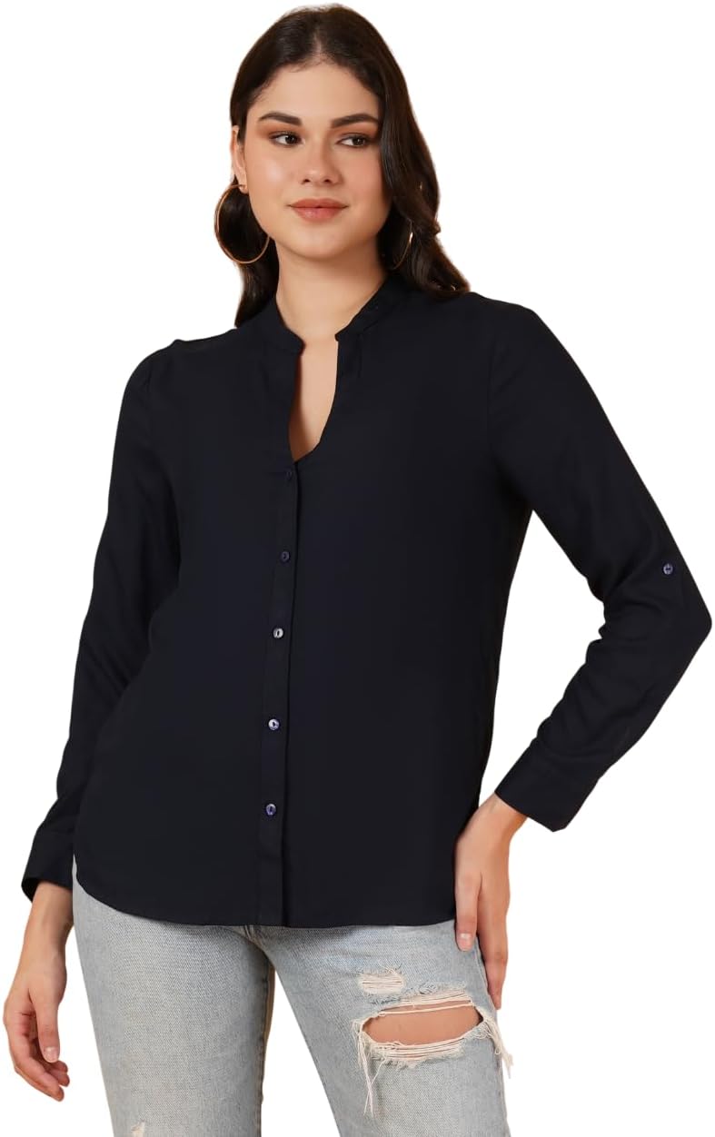 Women's Solid Mandarin Collar Oversized Top | Semiformal Casual Shirt Button Down