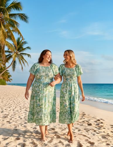 Image of Bbonlinedress Womens Casual Floral Summer Smocked Beach Party Boho Midi Square Neck Dress