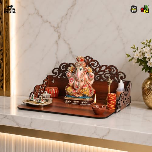 Image of Gift Kya De Wooden Pooja Mandir for Home Wall | Small Temple for Office & Room | Indian Wooden Temple for Table or Shelf | Compact DIY Mandir | 12x9x6 Inch | Classic Design