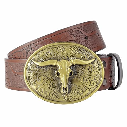 CHIC DIARY Men Western Belt Cowboy PU Leather Waist Belts Vintage Waist Strap Bull Decoration Floral Engraved for Jeans