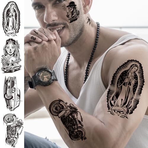 Image of 12 Sheets Large Chicano Temporary Tattoos, Cholo and Chola Temporary Tattoos, Chicana Guadalupe Gangster Fake Tattoos Day of the Dead, Dia de Muertos, Tatuajes Temporales, Halloween Mexico Tattoos