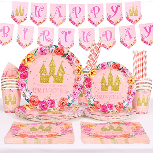 Amycute Décorations Anniversaire Fille Princesse Vaisselle Rose, Assiettes Carton Gobelets Tasses Pailles Serviettes en Papier Bannière d'anniversaire pour Filles Happy Birthday, 16 Invités