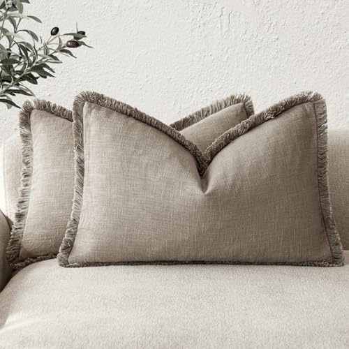 Image of Foindtower Set of 2 Decorative Linen Fringe Lumbar Throw Pillow Covers Boho Farmhouse Cushion Cover with Tassels Soft Accent Pillowcase for Couch Sofa Bed Living Room Home Decor,12x24 Inch,Brown Tan