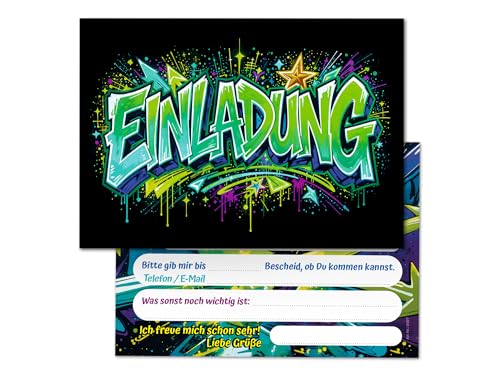 Junaversum 12 Einladungskarten zum Kindergeburtstag Graffiti Kinder Mädchen Junge coole bunte Einladungen Geburtstag Geburtstagseinladungen Kids