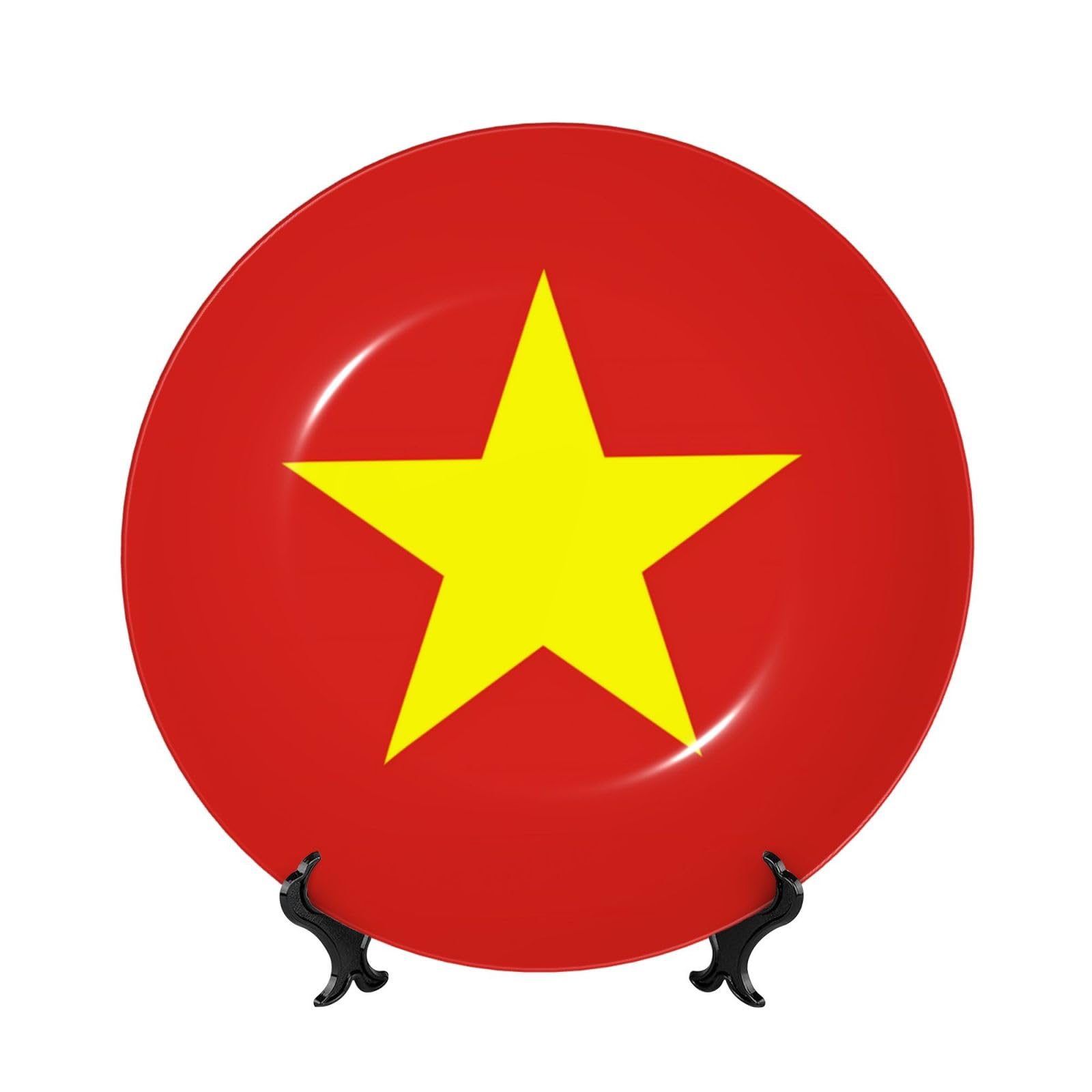 SXZVVBN Vietnamese flag Bone China Decorative Plate Art with Stand Removable Adhesive Hanging for Home Office 7in