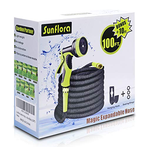 Sunflora 100 ft Expandable Garden Hose Bonus 10 feet with Solid Brass Fittings and 9 Patterns Spray Nozzle, Flexible No Kink Water Hoses for Lawn Total 110 Feet