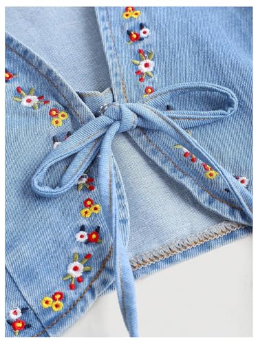 MakeMeChic Girl's Floral Embroidery Denim Vests Tie V Neck Sleeveless Summer Boho Vest3