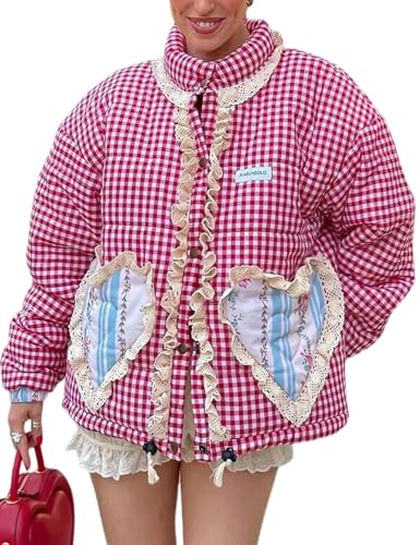 Wyeysyt Women's Cropped Puffer Jacket Winter Gingham Snap Plaid Short Padded Coats with Pockets