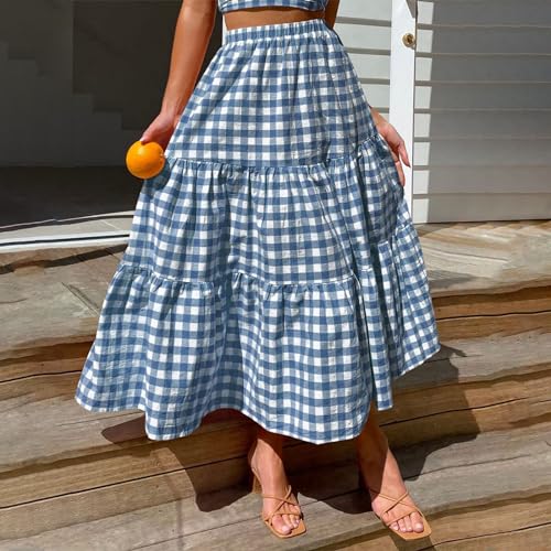 Y2k Women Gingham Tiered Maxi Skirts A Line Ruffle Plaid Midi Skirt Flowy Long Skirt Losse Summer Beach Casual2