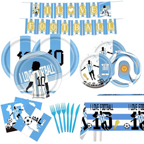 117 PCS Messi Soccer Party Decorations Kit Messi Football Theme Birthday Decorations with Plates Napkins Knives Forks Tablecloth Pennants for Game Day Supplies Serves 20