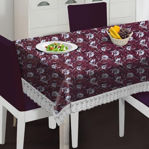 Image of The Furnishing Tree Waterproof PVC Rectangle Shaped 6 Seater Table Cover WxL 60x90 inches Floral Pattern Magenta with White Border lace