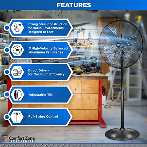 Comfort Zone Czhvp30 30” High-Velocity 3-Speed Industrial Pedestal Fan With Aluminum Blades And Adjustable Height, Black #TOP1