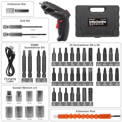 Image of MYMULIKE Cordless Electric Screwdriver, 3.6V Rechargeable Power Screwdriver with 47pcs Accessories, usb Charging, 3Nm Screw Gun, Mini Screwdriver set with LED Light Electric Power Drill Set