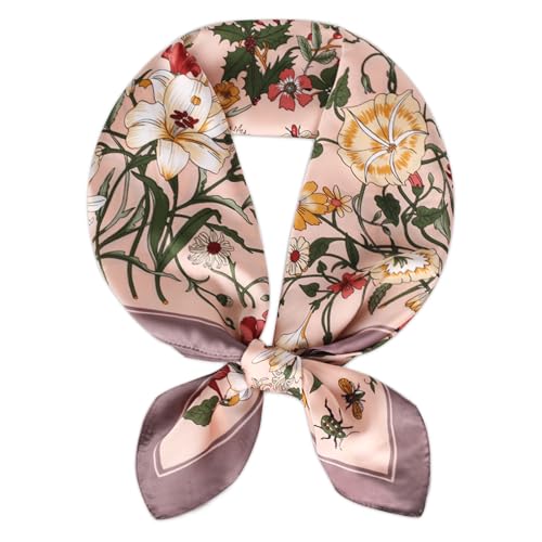 Relang Fashion Silk Satin Head Scarf for Women Hair Bandana Hair Scarf Wrap Neck Scarf for Women 27.5×27.5 inches Flower World Pink