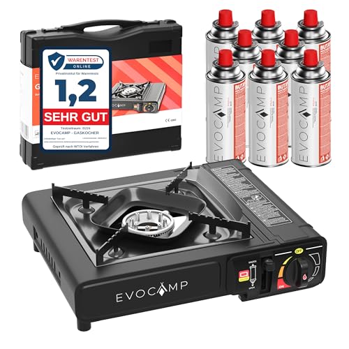 Gaskocher 1-flammig mit Piezozündung, Campingkocher für Gaskartuschen MSF-1a 227 g, Camping Herd mit Tragekoffer - Ideal für Outdoor mit 8 Gaskartuschen
