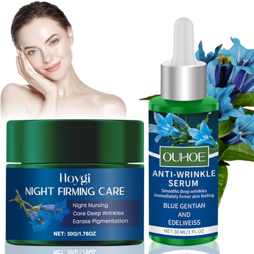 Crema Facial de Día y Sérum Facial Redensificante(50 G+30 ML),Antiedad,100% Natural,con Genciana Azul y Edelweiss,Crema Hidratante Anti Arrugas,Crema Hidratante Facial Mujer