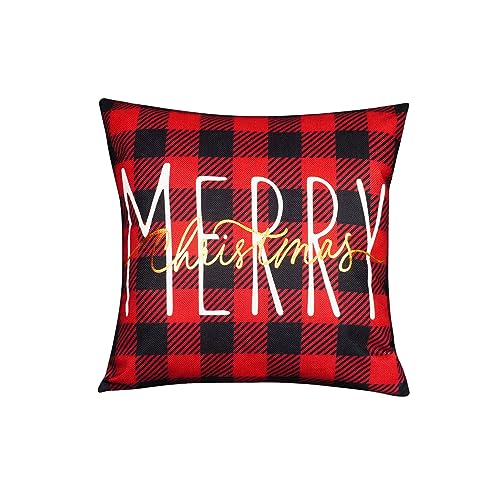 ONWAY Christmas Pillow Cover 18x18 Inch Merry Christmas Gold Gold Red Black Buffalo Plaid Decorative Throw Pillows Farmhouse Winter Holiday Decor Cushion Case for Sofa Couch Home Decorations