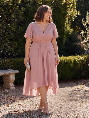 Image of Ever-Pretty Plus Summer Short Sleeves V-Neck Formal Wedding Guest Dresses for Curvy Women Chiffon Midi Cocktail Party Dress