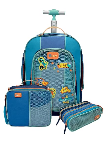 PUKET - Kit Mochila com Rodinha, Estojo Triplo e Lancheira Color Block Azul - Puket