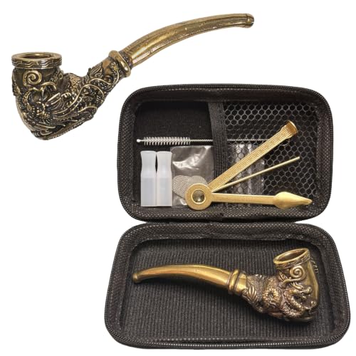 MrPyer 4.3 Mini Handmade Vintage Brass Tobacco Pipe - Elegant Dragon & Phoenix Carvings 5 Pipe Screens Pipe Case & 3-in-1 Cleaner for Enthusiasts