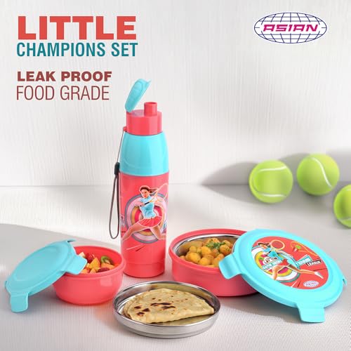 Image of Asian Plastowares Little Champions 3-in-1 Insulated Lunch Box Set for Kids | 700ml Steel Tiffin, 500ml Water Bottle | Leakproof, BPA Free | Red & Blue | Must-Have Back to School Set