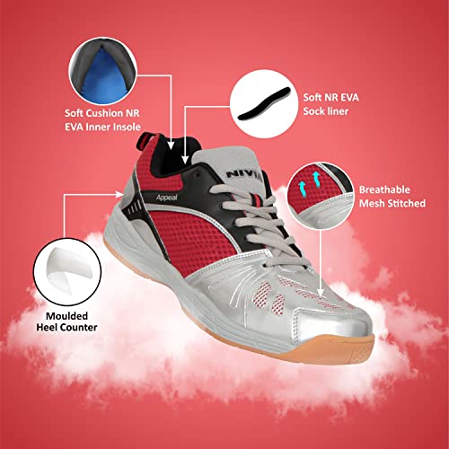 Image of Nivia Appeal Badminton Shoes for Mens|Non-Marking Round Sole with Breathable mesh with PU Coated Synthetic Upper for Sports, Badminton, Volleyball, Squash, Table Tennis (Maroon /SIL), 10
