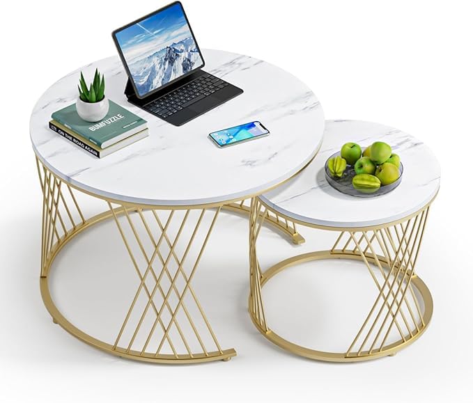 Image of Brown Art SHOPPEE Home Decor Furniture Round Coffee Table Sets,2 Piece MDF Top Couch Table,Stacking Nesting Table with Iron Frame for Living Room Living Room or Lounge (Gold & White)
