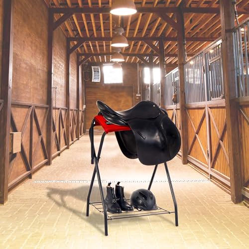 Image of Harrison Howard Saddle Stand Freestanding Full-Size Portable Floor Horse Saddle Rack with Supportive Fabric to Prevent Possible Slippage Secure Saddle Red