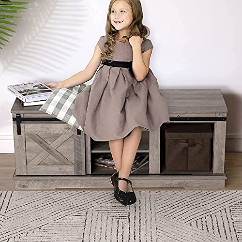 image for Hosslly Shoe Storage Bench, Farmhouse Sliding Barn Door Entryway Bench