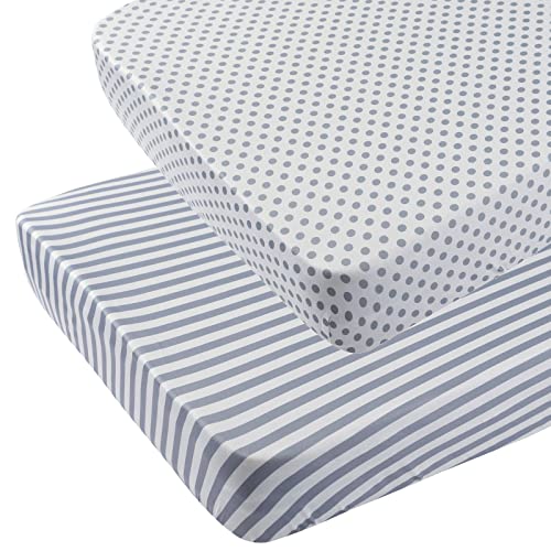 Image of Onacosht Pack n Play Sheets 2 Pack Stretchy Jersey Knit Playard Fitted Sheets Portable Mini Crib Sheets Set, Convertible Playard Mattress Cover, White and Grey, Stripes and Dots