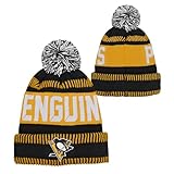 Outerstuff NHL Kids Youth 8-20 One Size Team Color Primary Logo Sports Tech Knit Cold Weather Hockey Pom Beanie Hat - Pittsburgh Penguins - Black