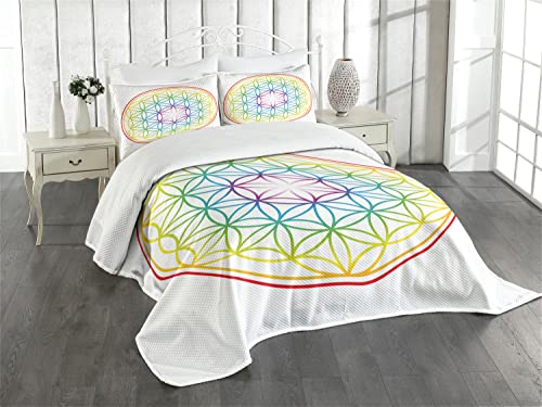 ABAKUHAUS Platz Tagesdecke Set, Leuchtende Blume des Lebens, Set mit Kissenbezügen Sommerdecke, für Doppelbetten 220 x 220 cm, Gelb Mehrfarbig