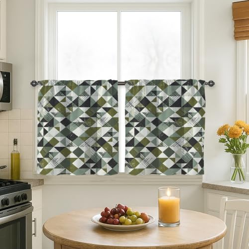 Rideaux de cuisine, motif triangle, lignes géométriques modernes, vert automne, filtrant la...