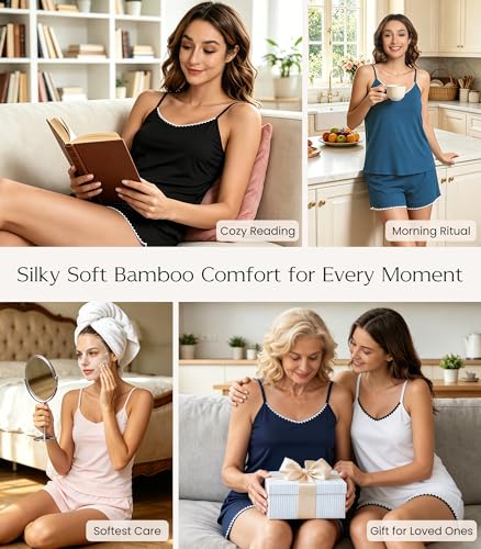 Image of NACHILA Pajamas Set for Women-Viscose Made from Bamboo, Sleeveless Sleepwear Cami Pajamas Shorts Sets Camisole Pjs Nightwear